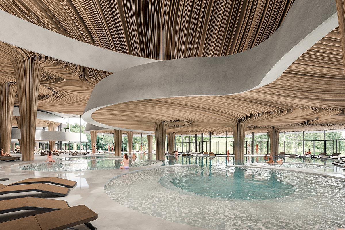 Enota reveals extension for pool and wellness of Hotel Kardial with sinuous terraces in Banja Vrućica