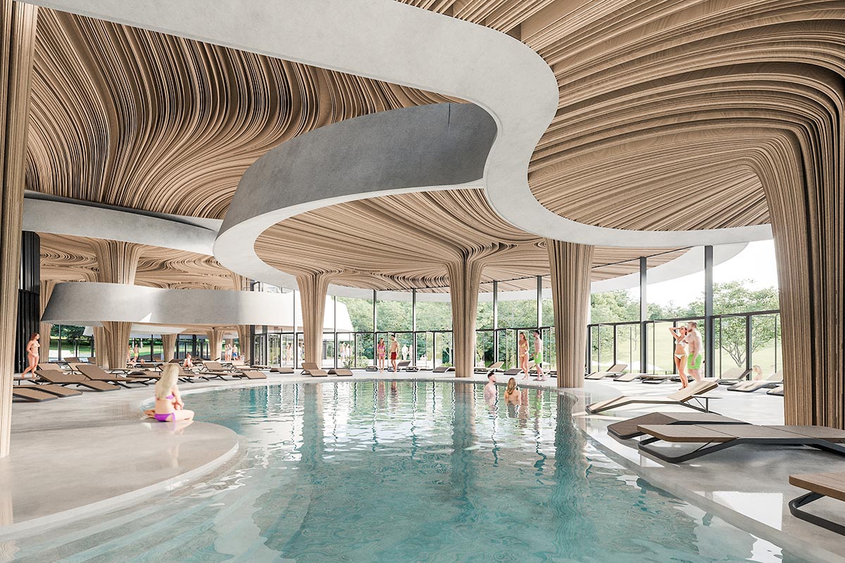 Enota reveals extension for pool and wellness of Hotel Kardial with sinuous terraces in Banja Vrućica