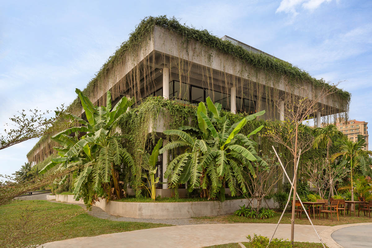 T3 Architects covers façade of Coconut Club in Cambodia with natural curtain made of plants 