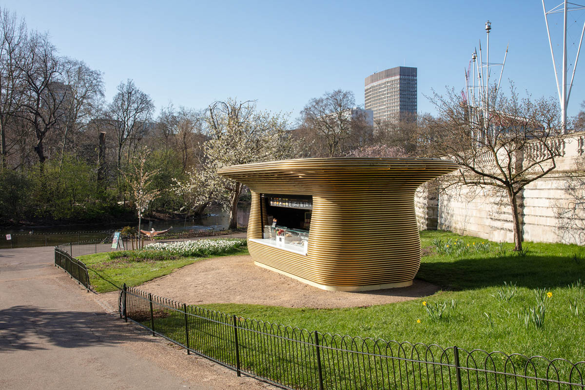 Coffee house by Mizzi Studio is made of sculptural brass skin with handcrafted details in London