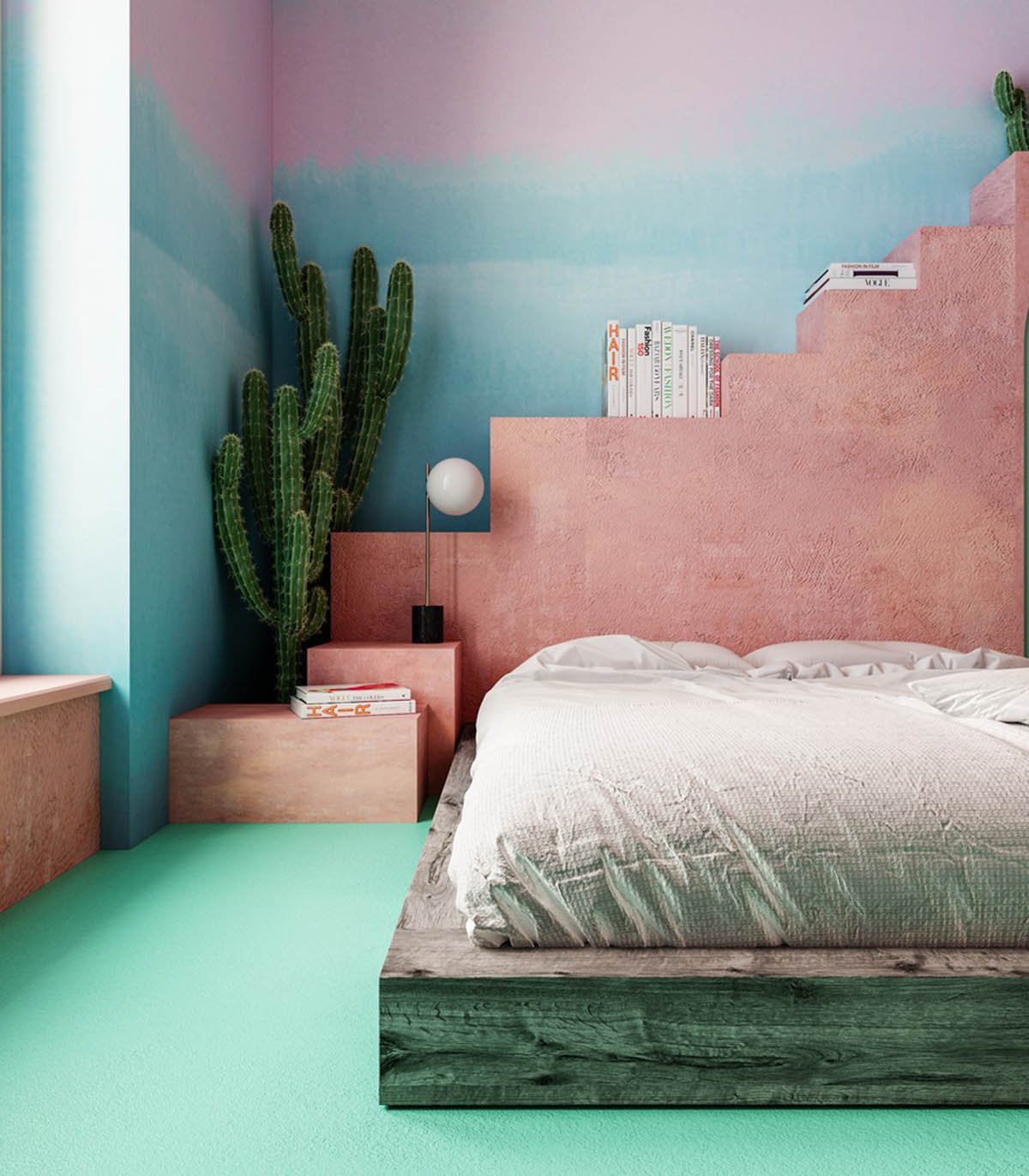 Reutov Design creates tropical interior for apartment with terracotta-pink walls, bulbous furnitures