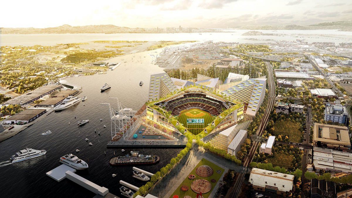 BIG releases design for New Ballpark at Oakland’s Howard Terminal with green rooftop park