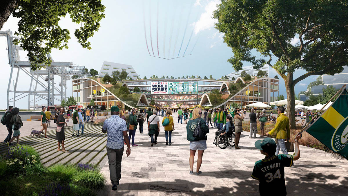 BIG releases design for New Ballpark at Oakland’s Howard Terminal with green rooftop park
