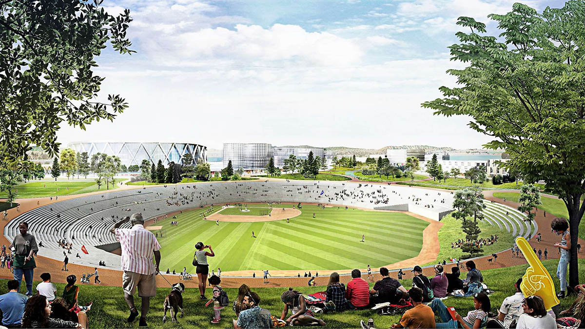 BIG releases design for New Ballpark at Oakland’s Howard Terminal with green rooftop park