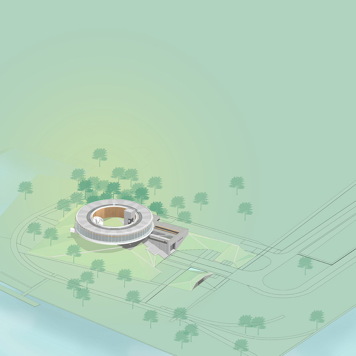 STUDIO A+ designs climbable ring-shaped art center on a green mound in Zhengzhou