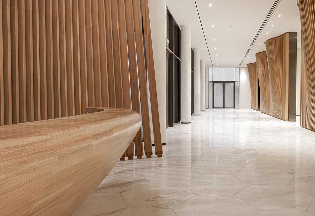 The interior of the Kuwait Embassy creates an inviting and warm atmosphere, designed by Architectkidd