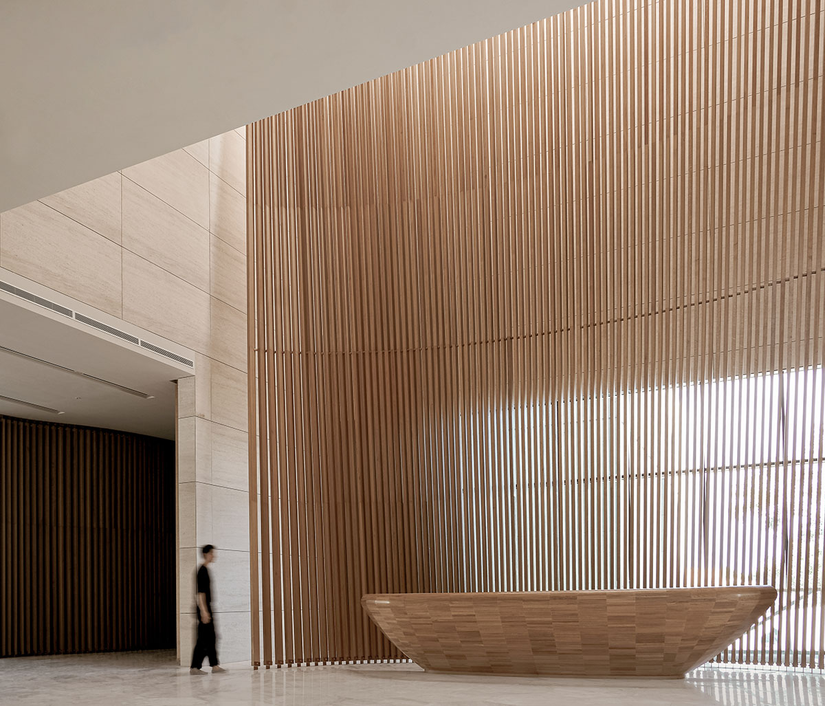The interior of the Kuwait Embassy creates an inviting and warm atmosphere, designed by Architectkidd