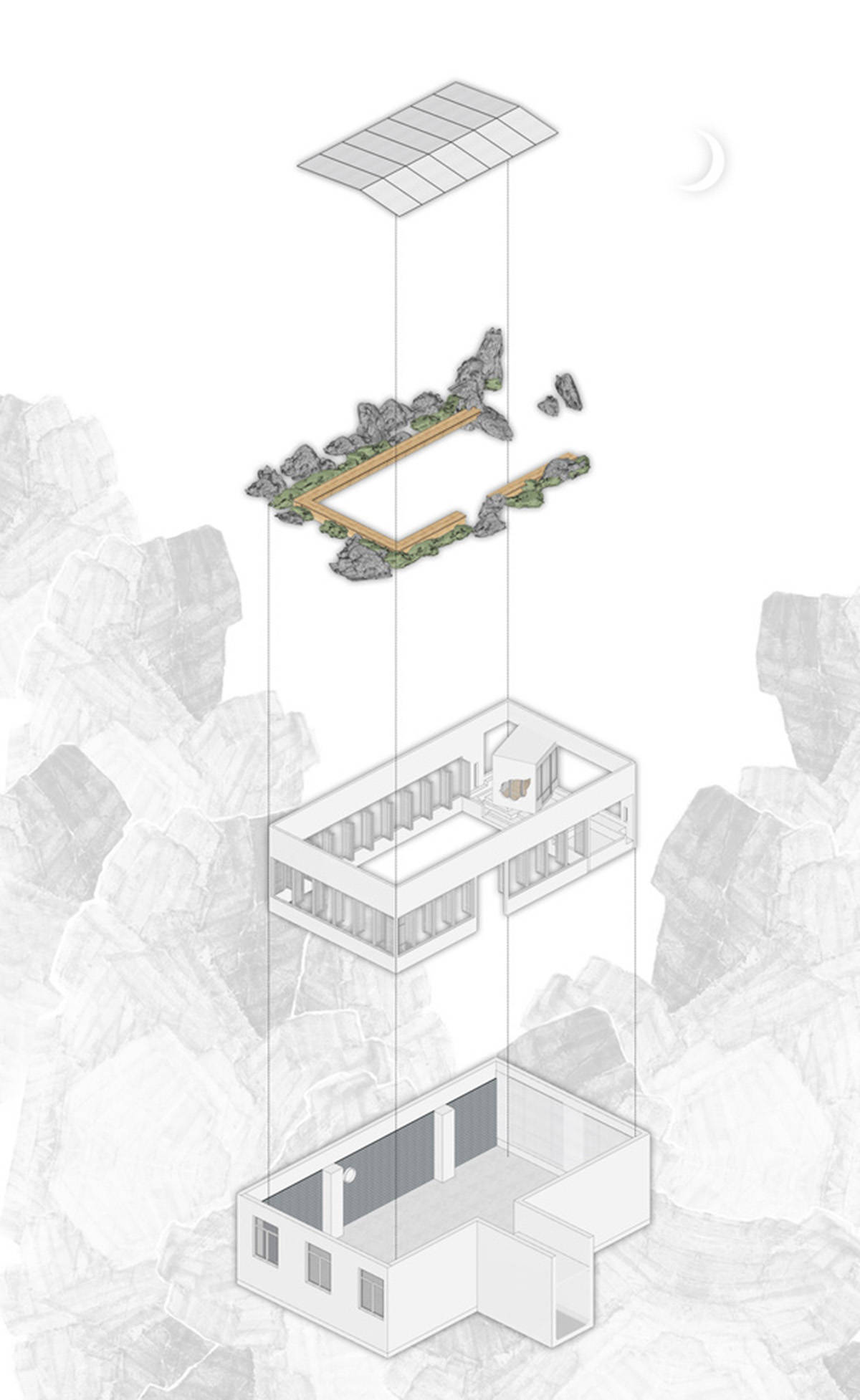 Jiejie studio wraps this tea room with a peach garden with rocky and forest landscape in Beijing