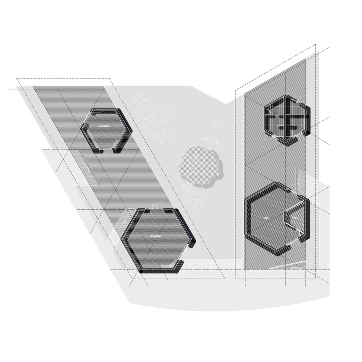 Hexagonal pavilions are hidden under V-shaped roofs that look like a pair of bird wings in Vietnam