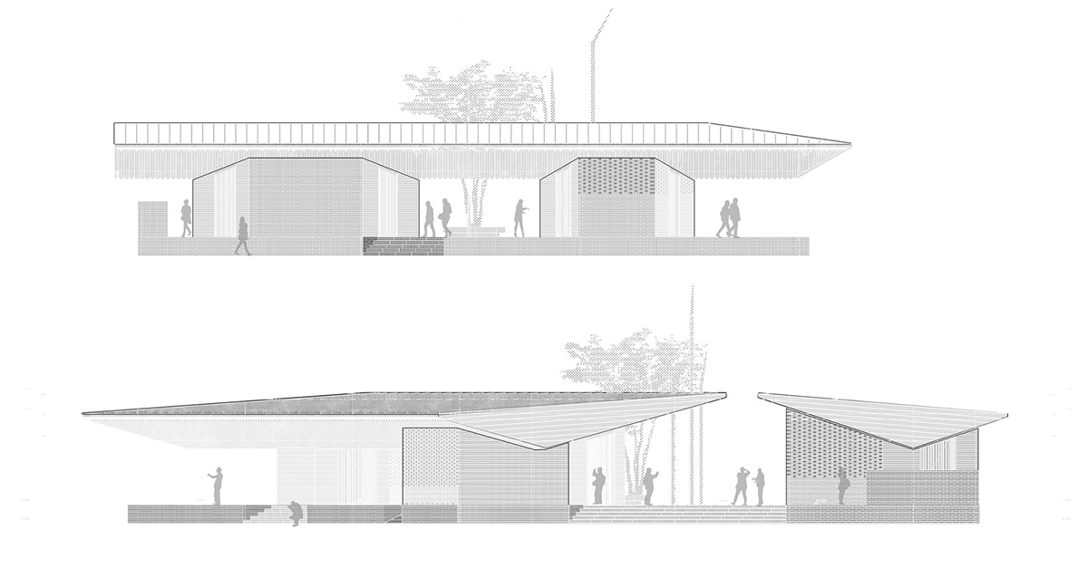 Hexagonal pavilions are hidden under V-shaped roofs that look like a pair of bird wings in Vietnam