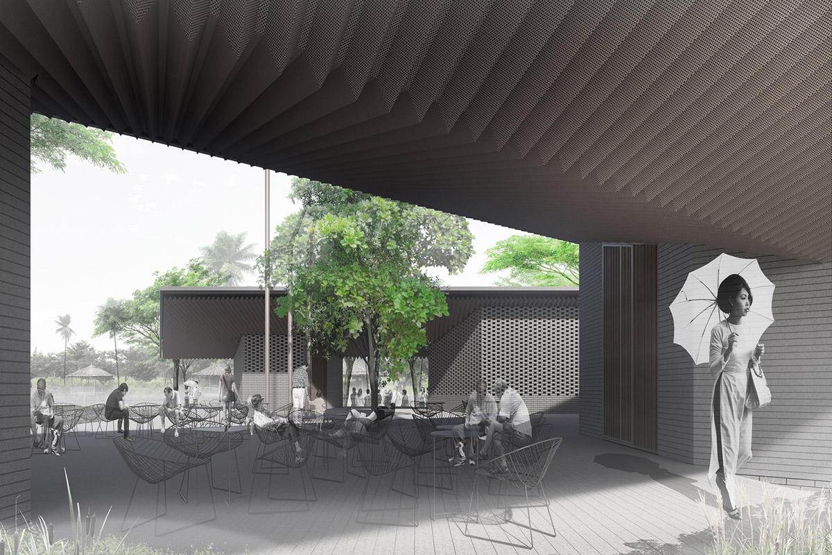 Hexagonal pavilions are hidden under V-shaped roofs that look like a pair of bird wings in Vietnam