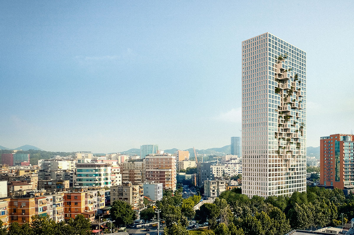 MVRDV releases design for Tirana tower featuring protruding housing and office units on the facade