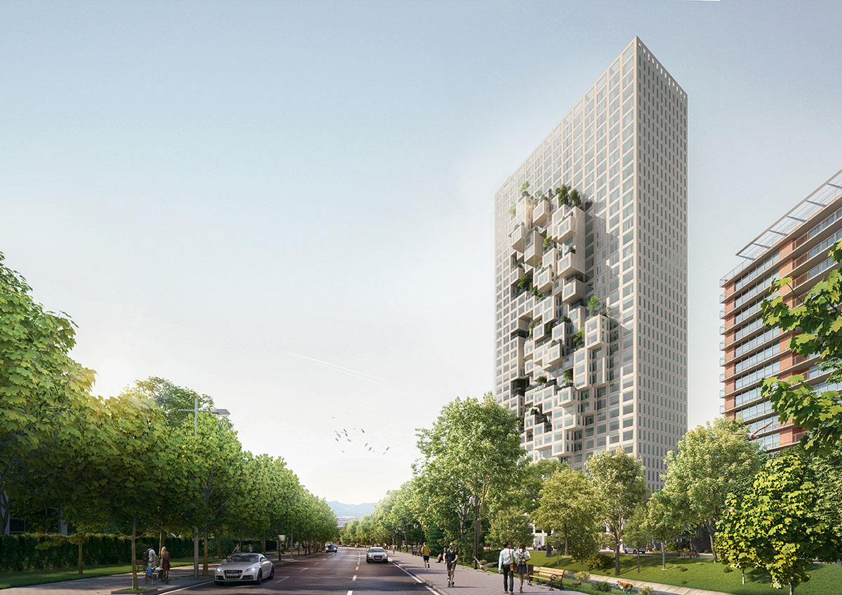 MVRDV releases design for Tirana tower featuring protruding housing and office units on the facade
