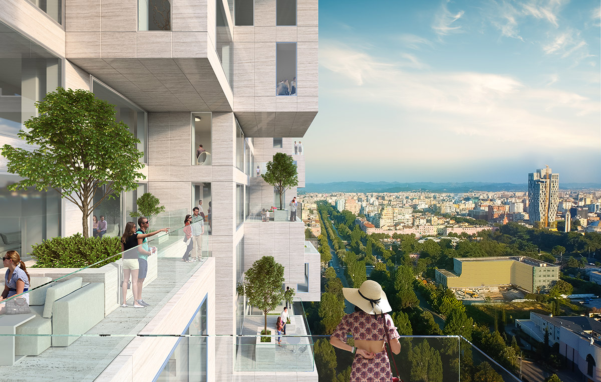 MVRDV releases design for Tirana tower featuring protruding housing and office units on the facade