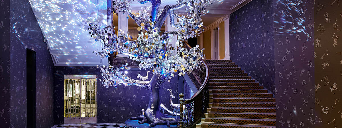 Diane von Furstenberg's Christmas Tree for Claridge's comprised of hand painted glass spheres