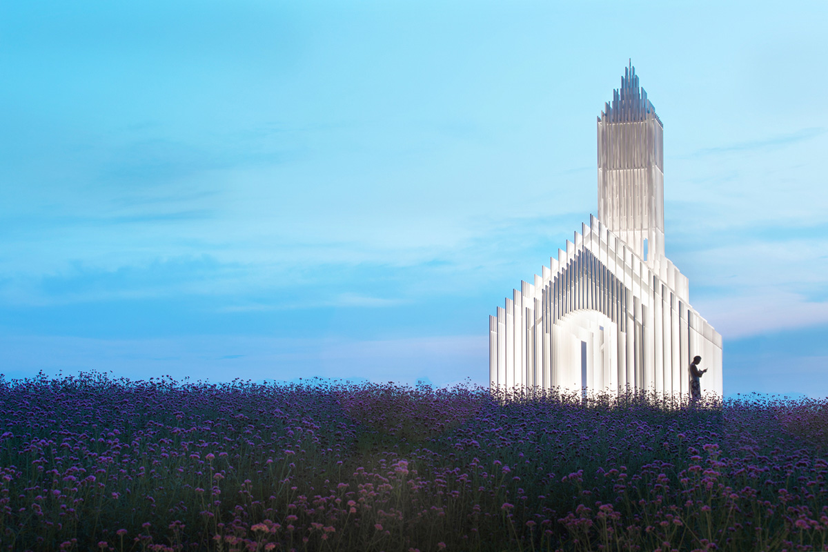 A church made of thousands of white thin beams looks like suspended in the air in lavender field