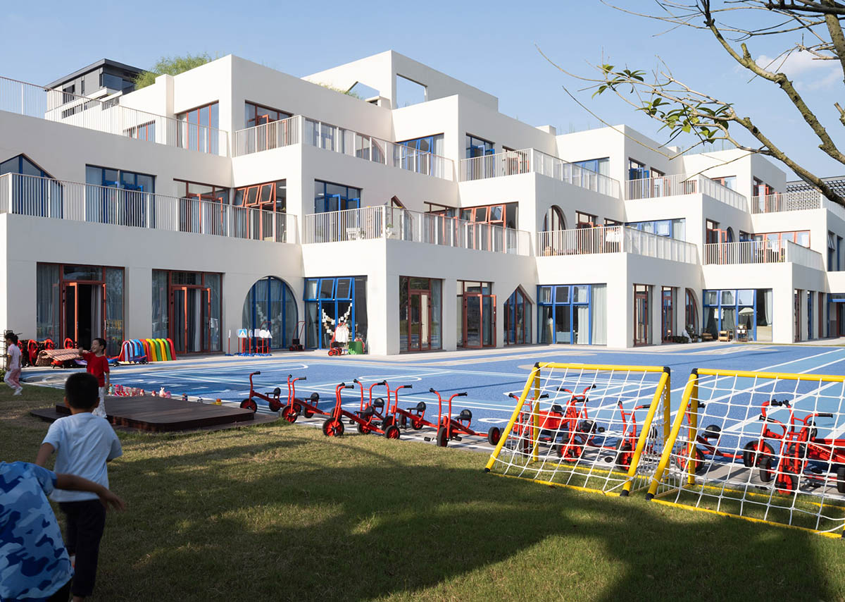 CLOU architects completes kindergarten with white stacked blocks in Liangzhu
