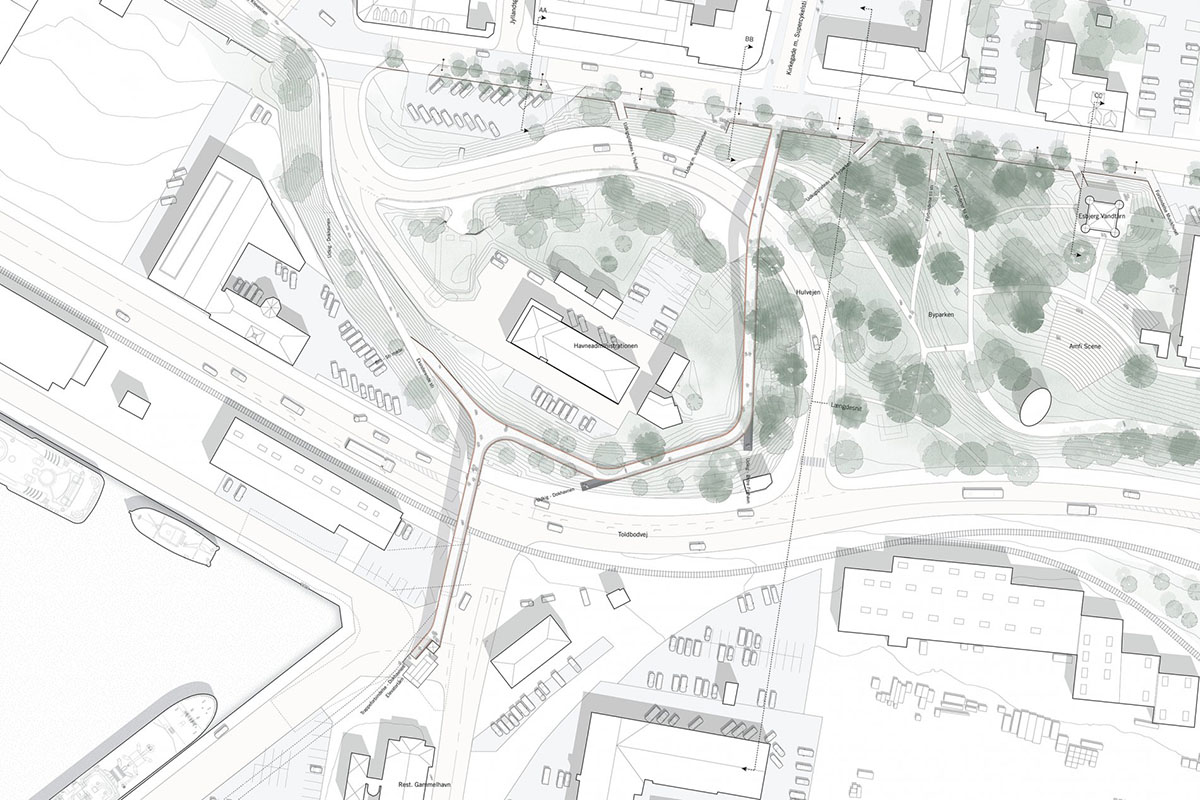 COBE's new pedestrian bridge raised on slim columns in industrial harbour area of Denmark
