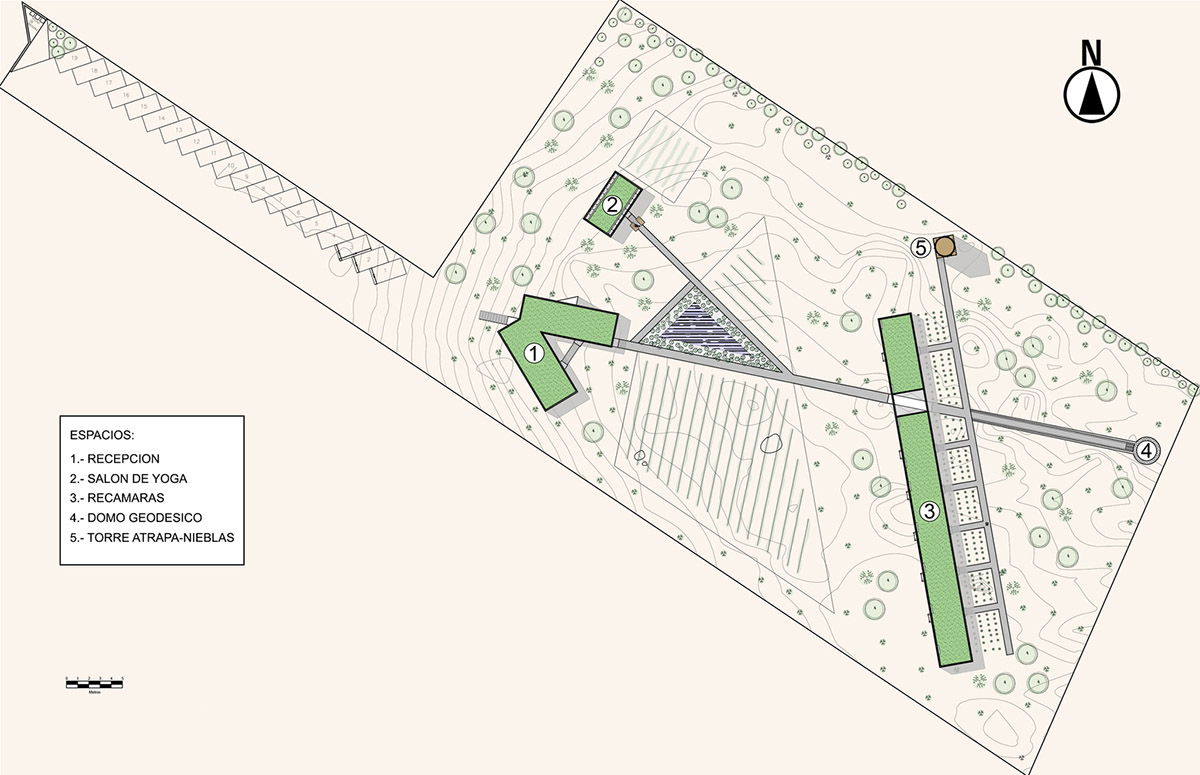 Santos Bolívar's rammed-earth hotel blocks are raised on inclined mirror bases in Mexican landscape