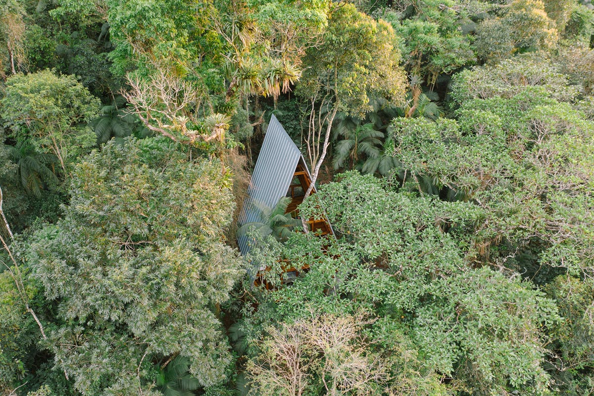 Macaco House is lifted on pillars to have zero interference in vegetation of Brazilian forest