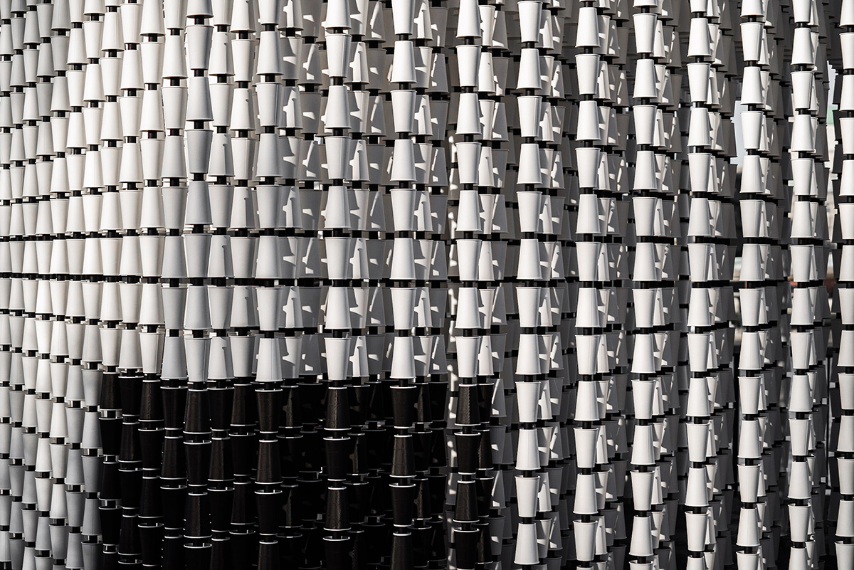 Mule Studio's installation, made of 5,555 paper cups, draws attention to minimal waste in London