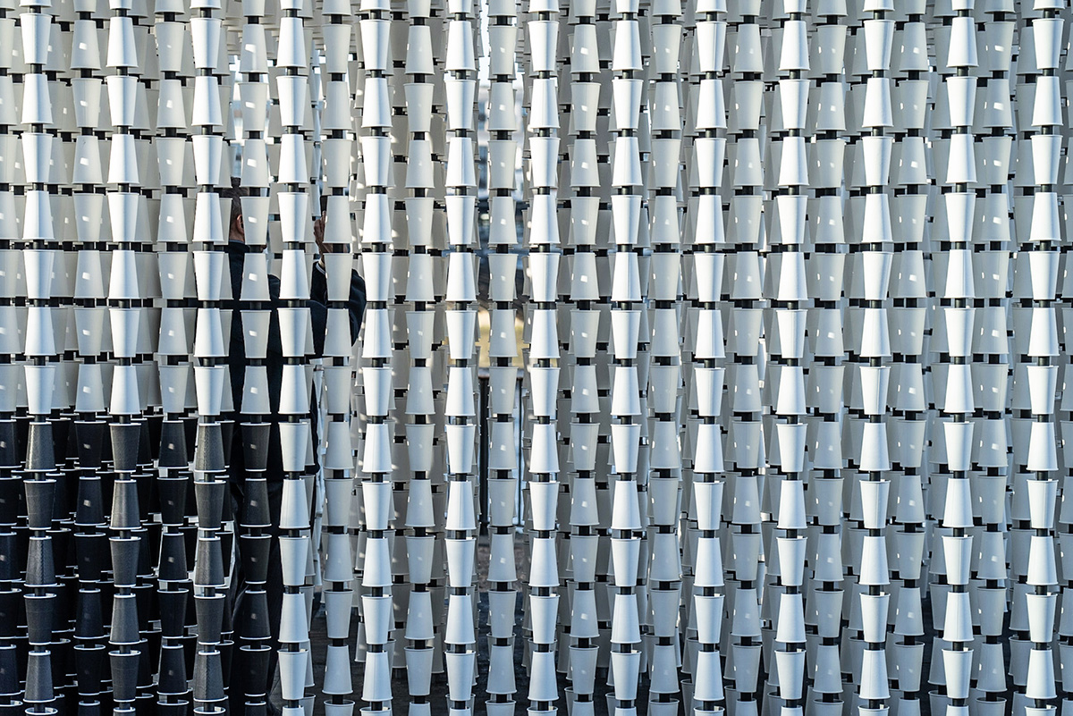 Mule Studio's installation, made of 5,555 paper cups, draws attention to minimal waste in London