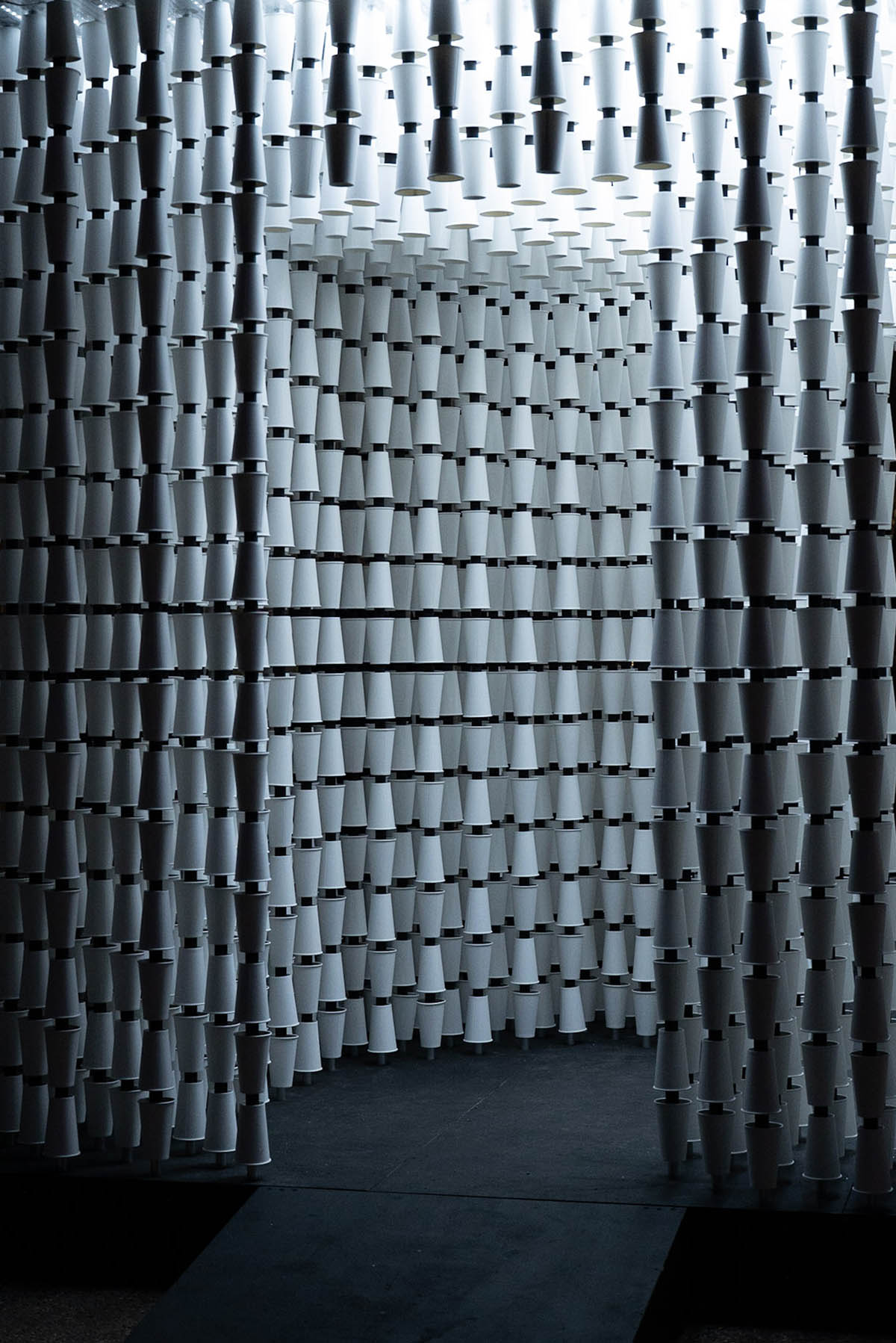 Mule Studio's installation, made of 5,555 paper cups, draws attention to minimal waste in London