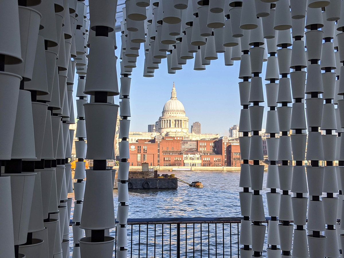 Mule Studio's installation, made of 5,555 paper cups, draws attention to minimal waste in London