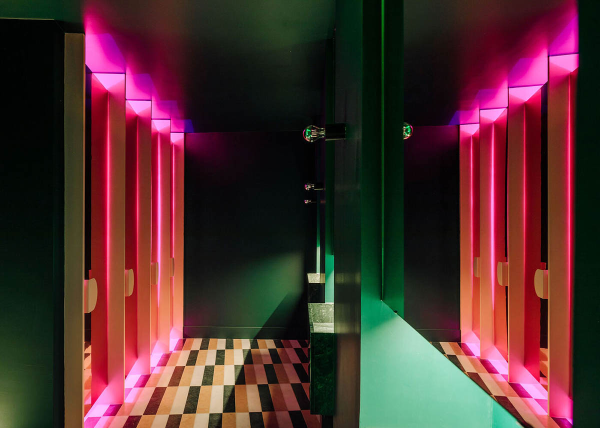 Colored neon lights bring 1920s Art Deco feeling to LULU Bar and Restaurant designed by DC.AD
