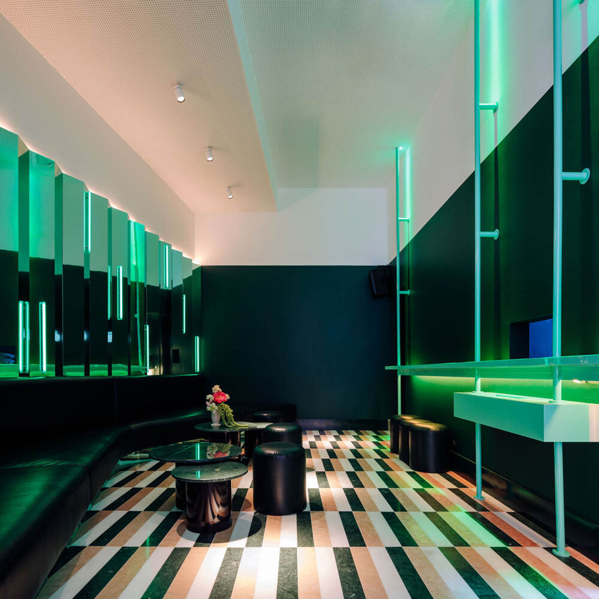 Colored neon lights bring 1920s Art Deco feeling to LULU Bar and Restaurant designed by DC.AD