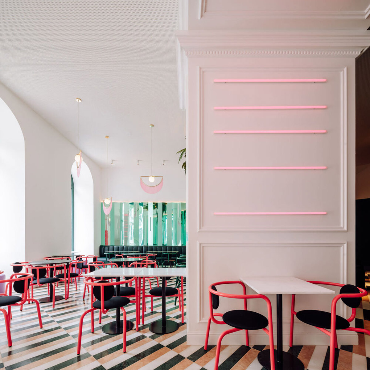 Colored neon lights bring 1920s Art Deco feeling to LULU Bar and Restaurant designed by DC.AD