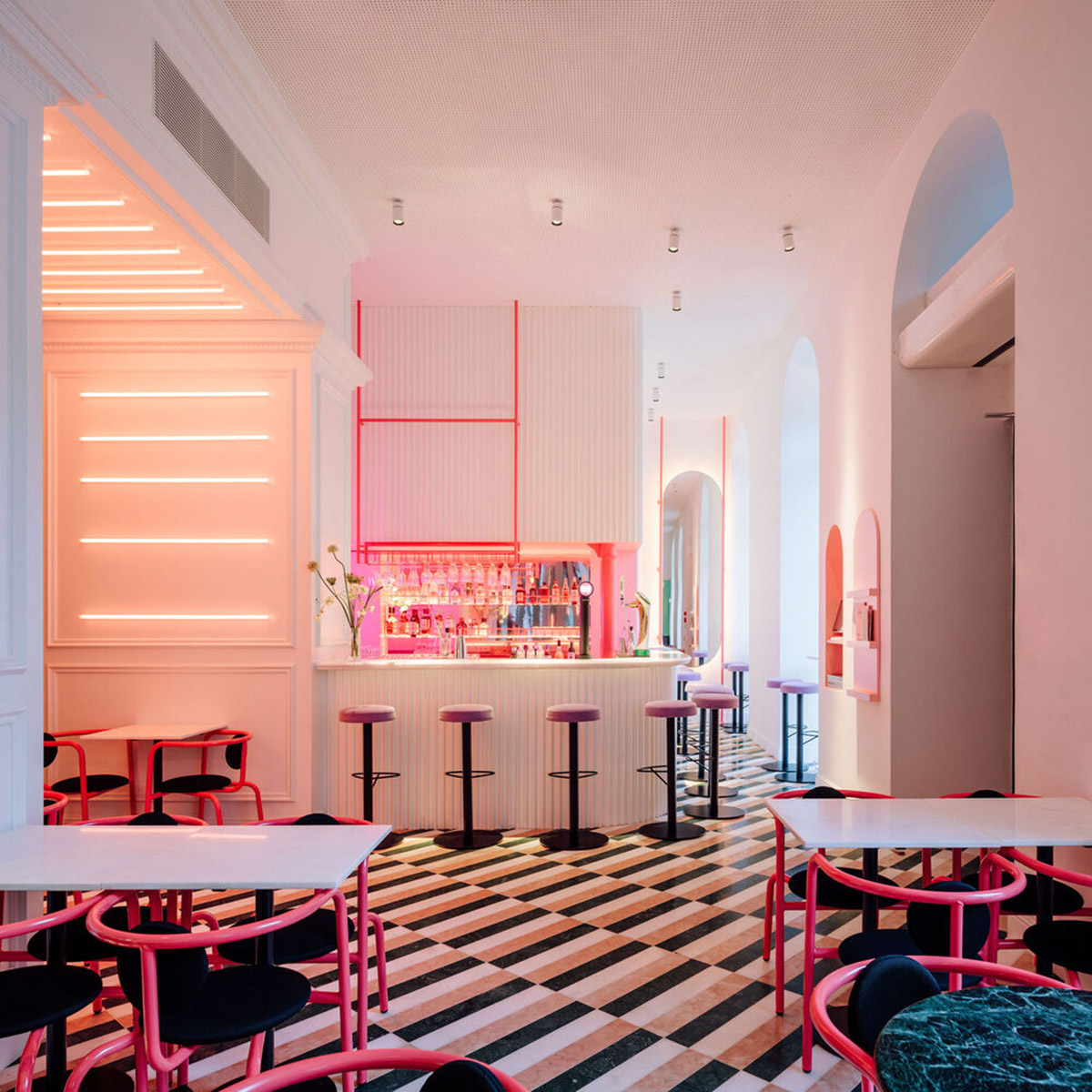 Colored neon lights bring 1920s Art Deco feeling to LULU Bar and Restaurant designed by DC.AD