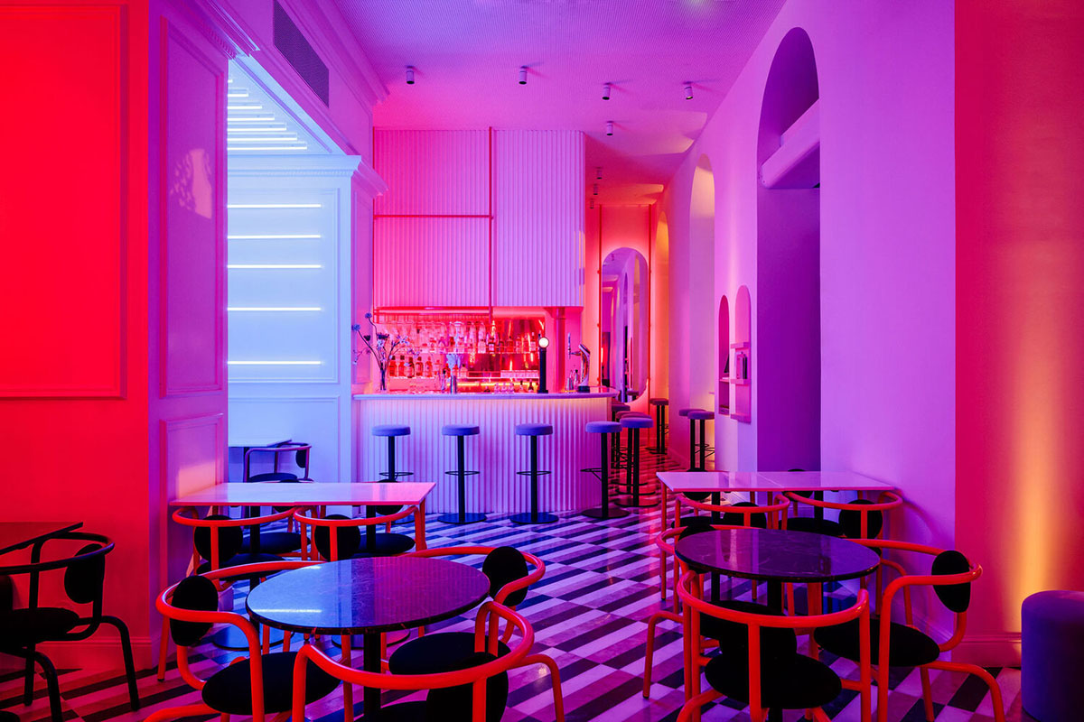 Colored neon lights bring 1920s Art Deco feeling to LULU Bar and Restaurant designed by DC.AD