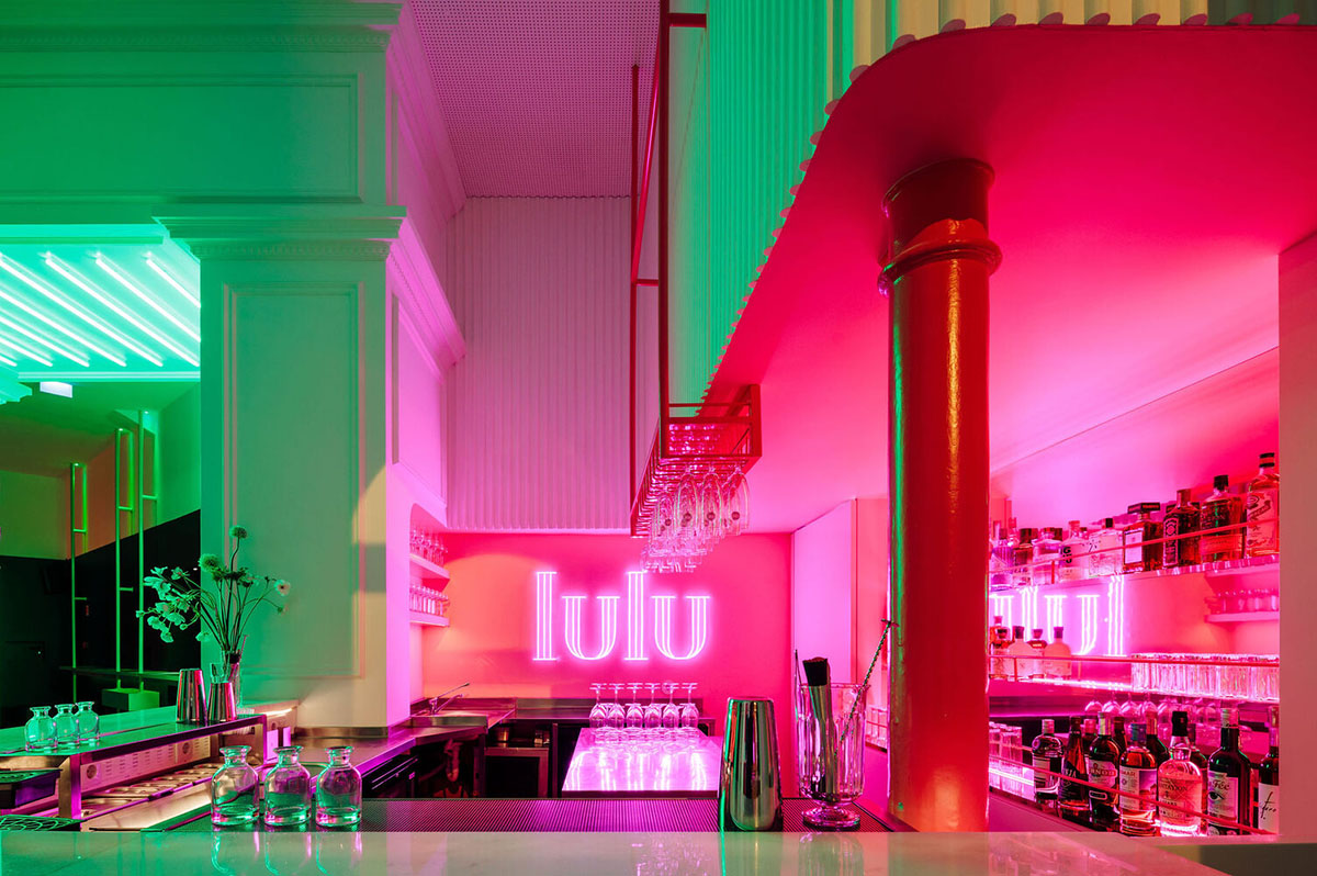 Colored neon lights bring 1920s Art Deco feeling to LULU Bar and Restaurant designed by DC.AD