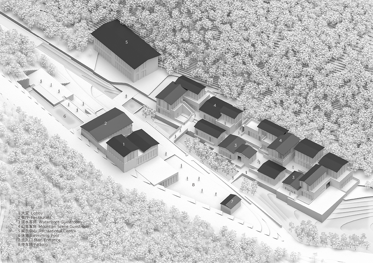 Penda China built resort with solid stones and wood structures evoking folk houses of China 