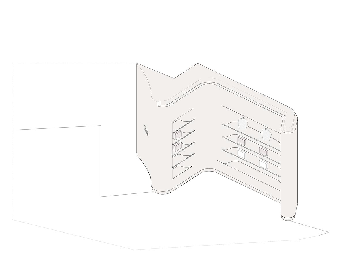 Store interiors by Sò Studio feature soft beige tones to give the feeling of