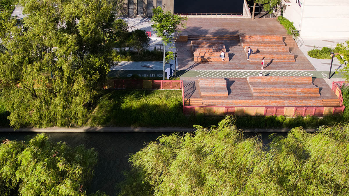 SPARK translates diatom into red-colored 3D-motifed pedestrian bridges and walkways in Shanghai 