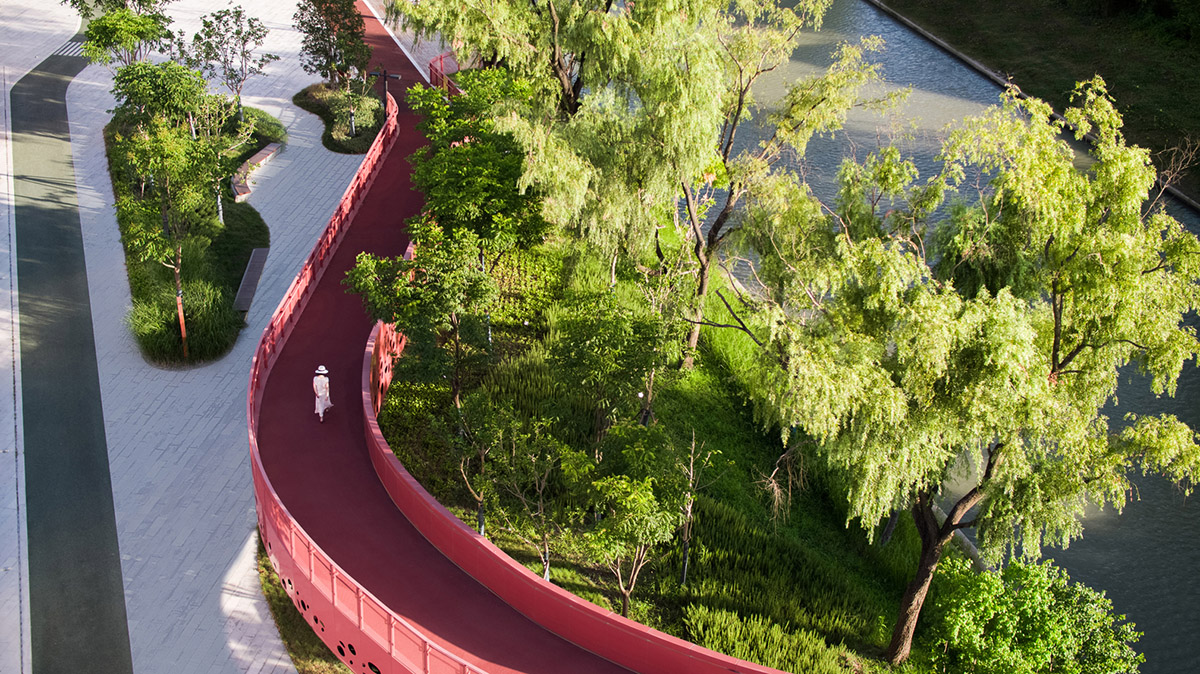 SPARK translates diatom into red-colored 3D-motifed pedestrian bridges and walkways in Shanghai 