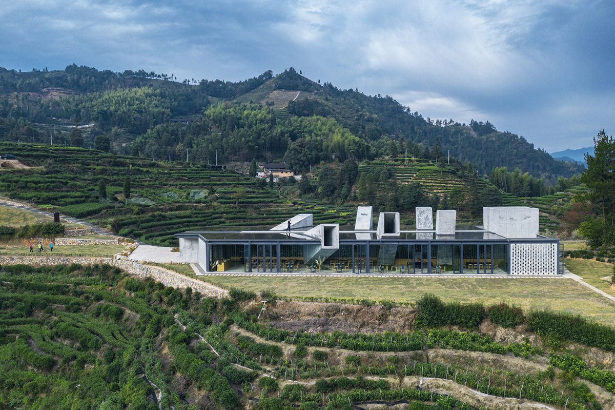 Eight diagonal light tubes are protruding from tea house to grasp prolonged sunlight hours by DnA