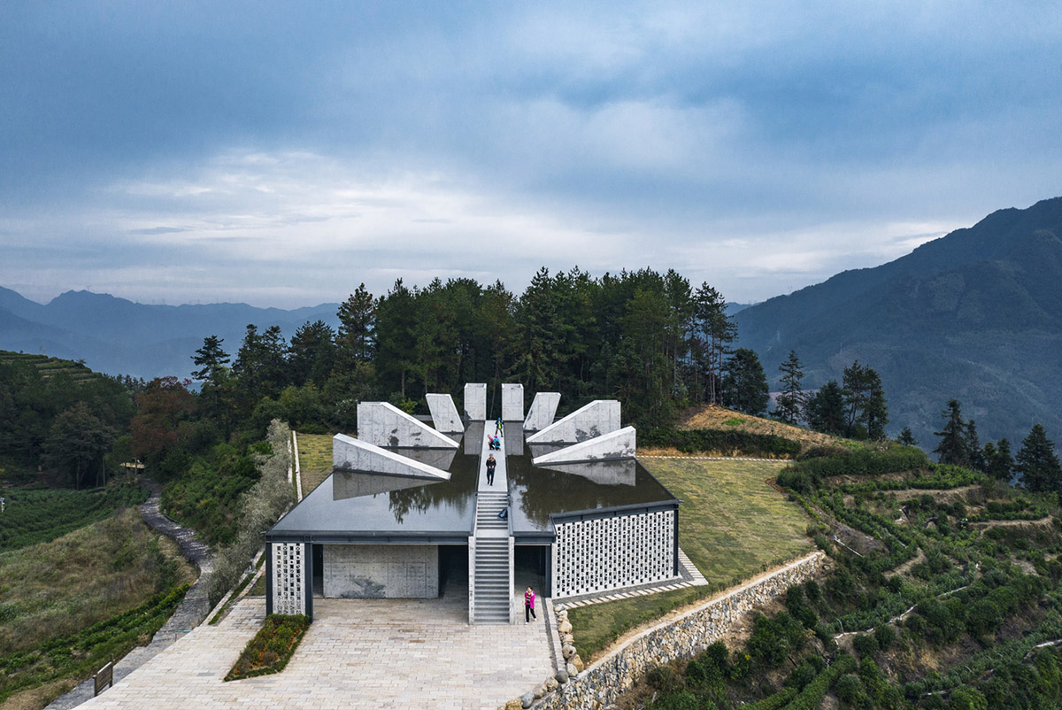 Eight diagonal light tubes are protruding from tea house to grasp prolonged sunlight hours by DnA
