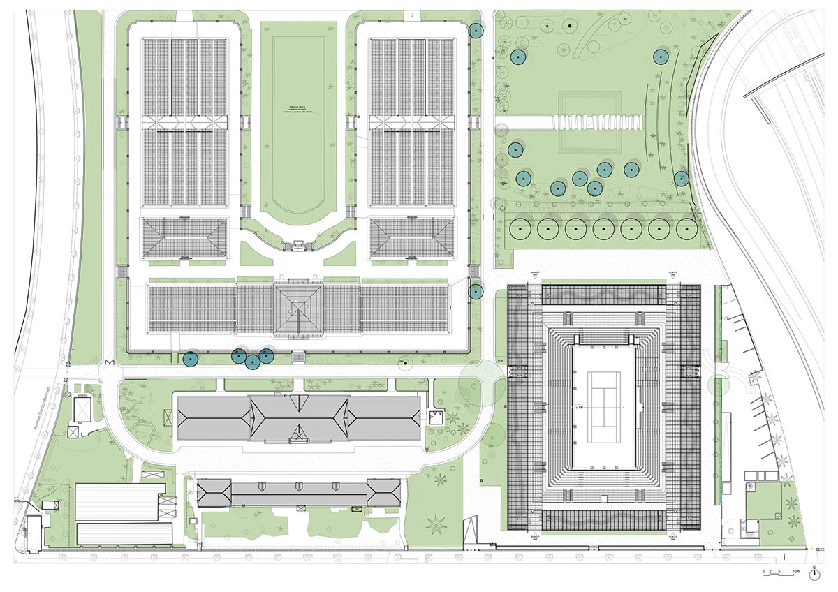 Marc Mimram built greenhouses in all sides of a tennis stadium to attract different audiences
