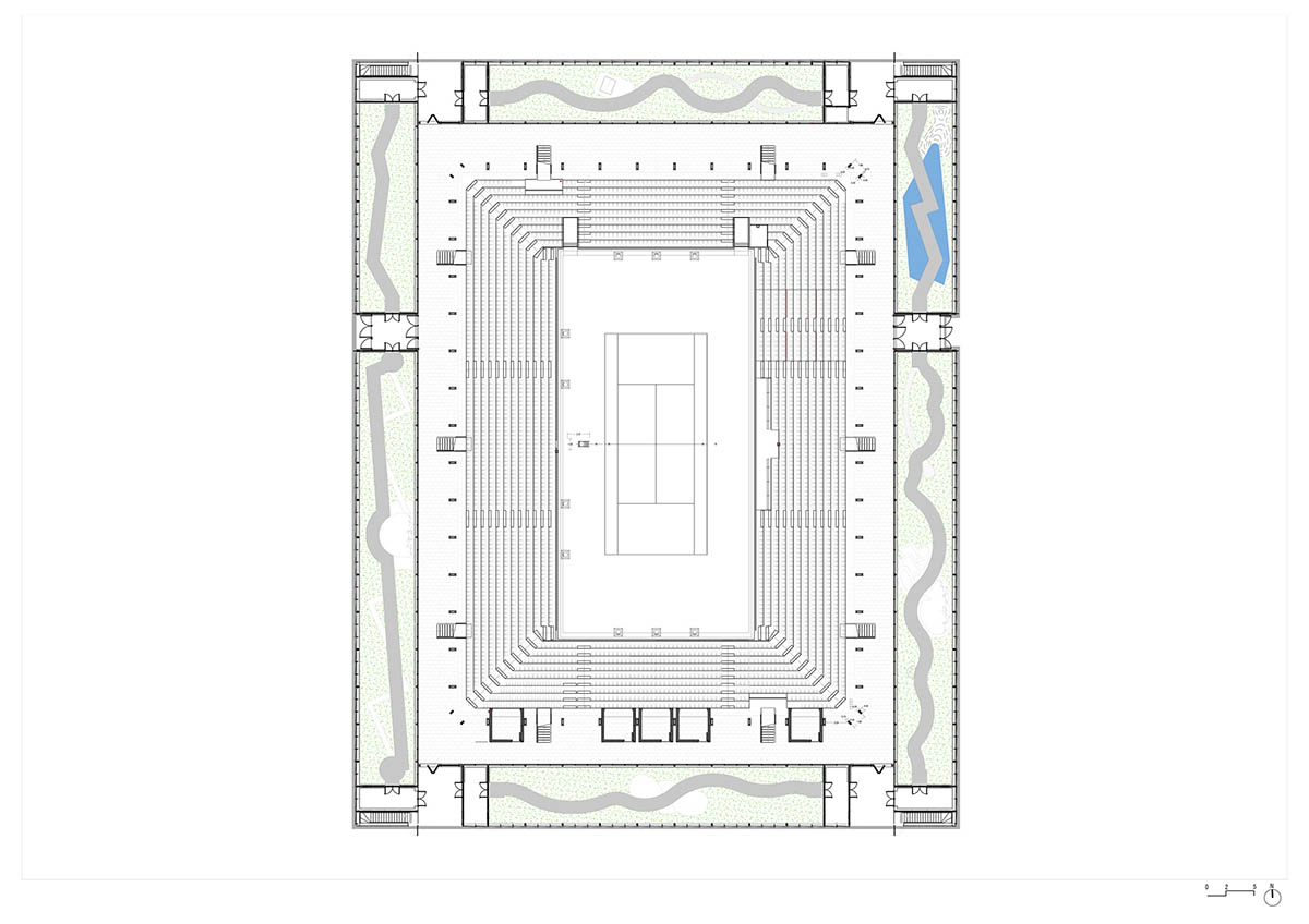 Marc Mimram built greenhouses in all sides of a tennis stadium to attract different audiences