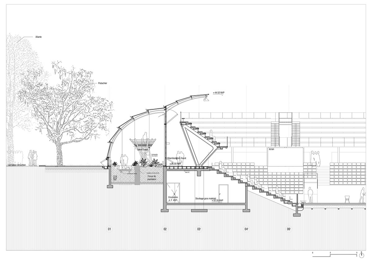 Marc Mimram built greenhouses in all sides of a tennis stadium to attract different audiences