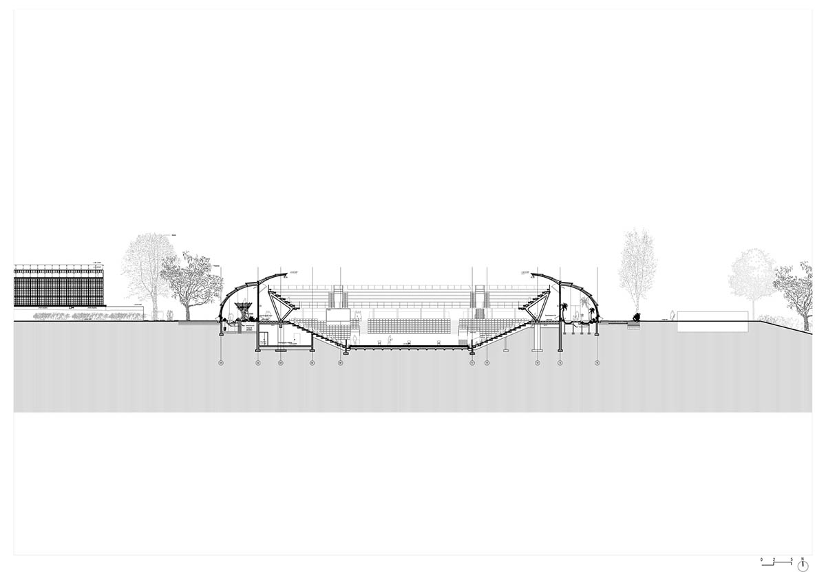 Marc Mimram built greenhouses in all sides of a tennis stadium to attract different audiences