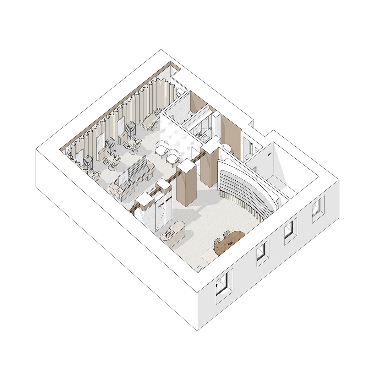 Tactile brick complements beige hues and mirrored surfaces for the interior of cosmetic showroom