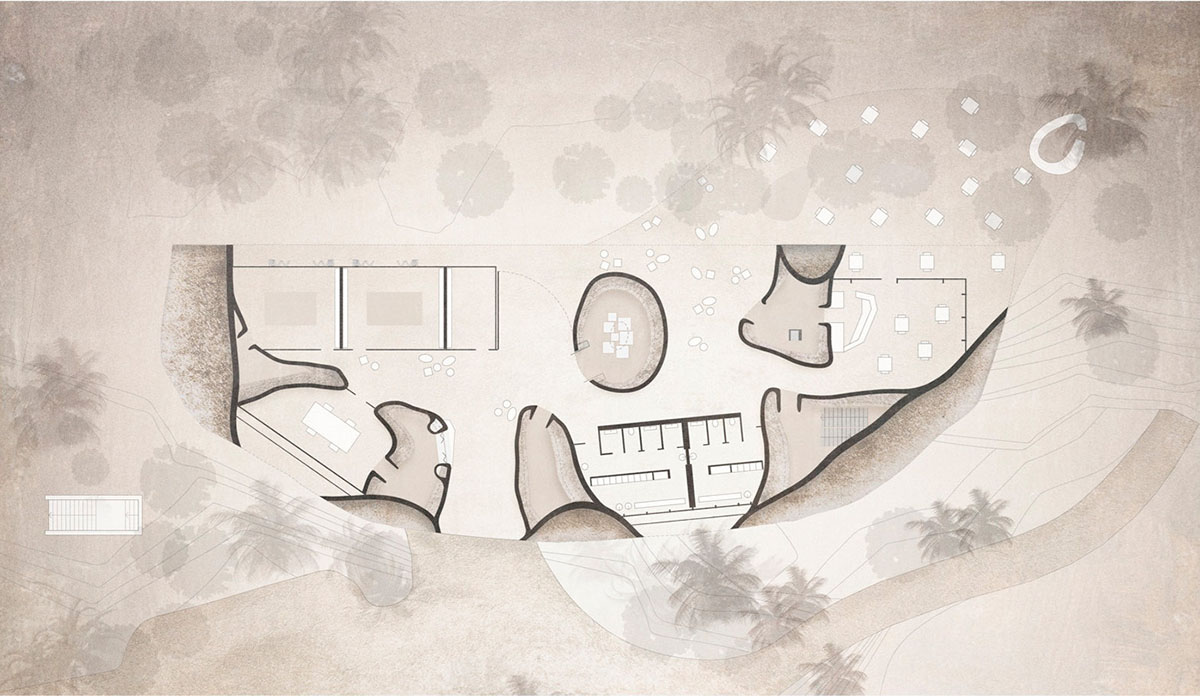 Smooth curves of a golf clubhouse by Oppenheim Architecture are derived from the natural desertscape