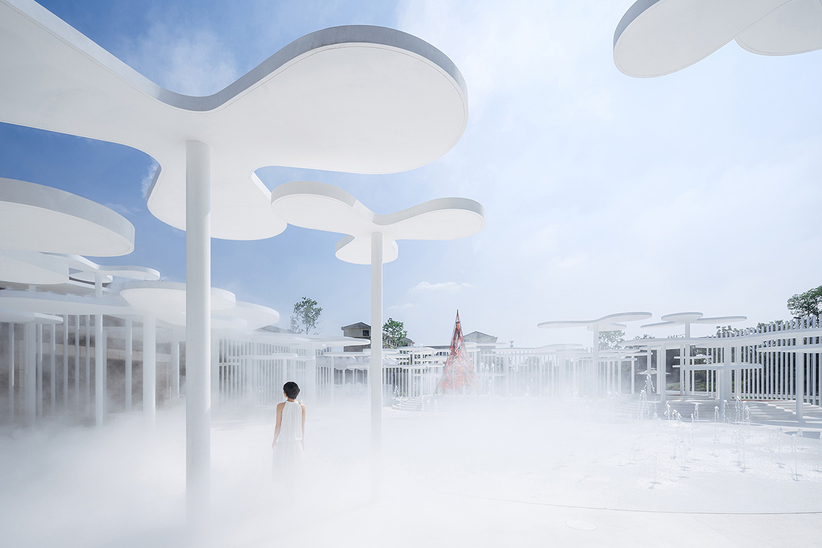 Wutopia Lab creates surreal forest made of 108 white steel columns for sales center in Huzhou
