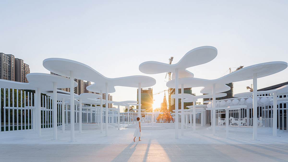 Wutopia Lab creates surreal forest made of 108 white steel columns for sales center in Huzhou