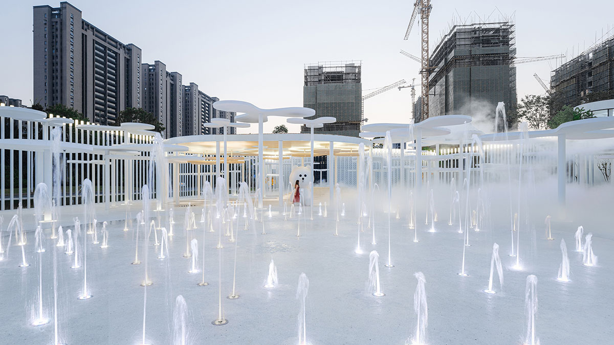 Wutopia Lab creates surreal forest made of 108 white steel columns for sales center in Huzhou