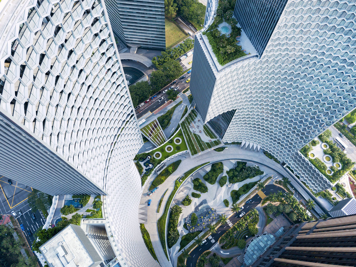 B&uuml;ro Ole Scheeren completes DUO Twin Towers with honeycomb patterns in Singapore